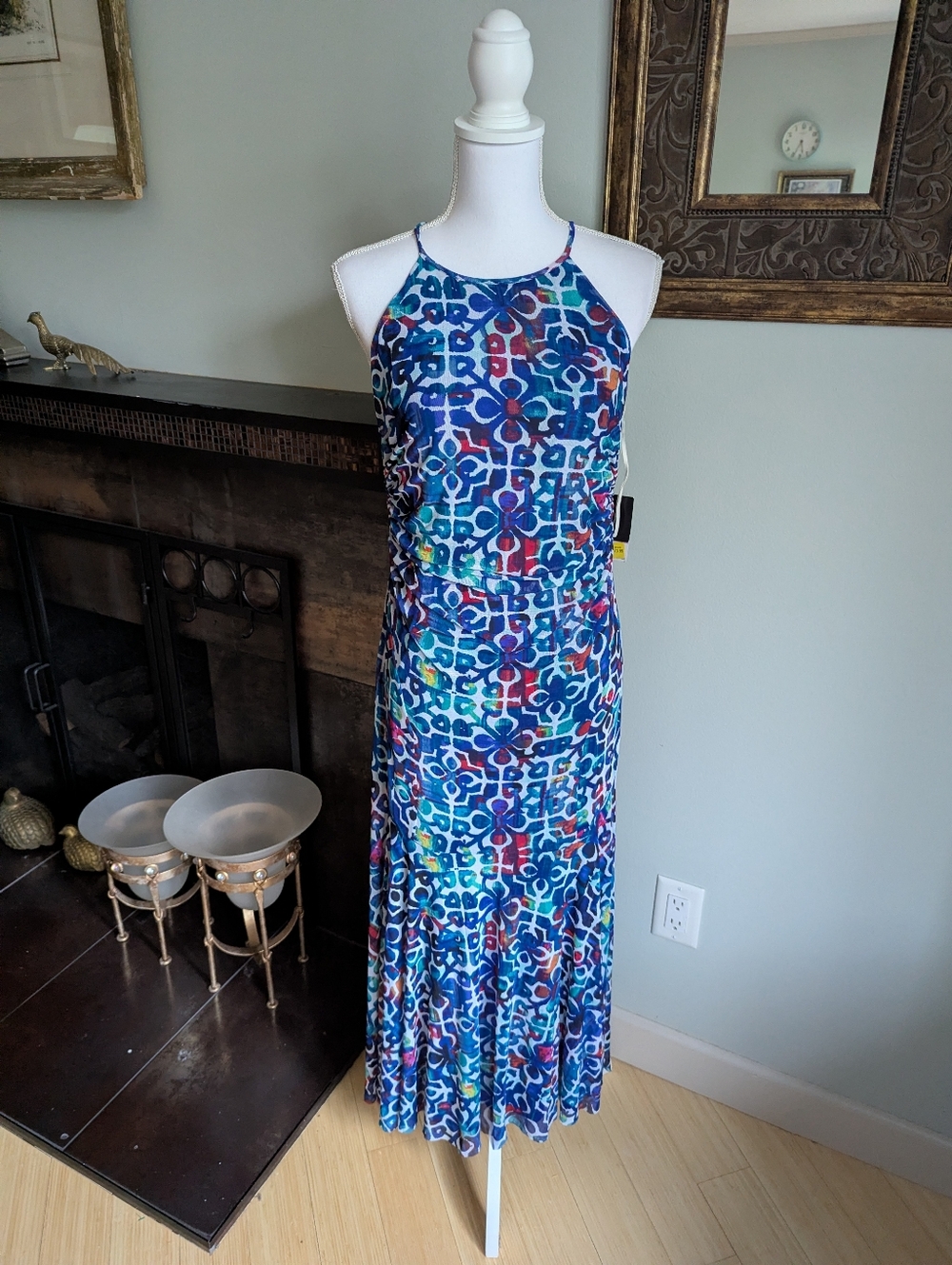 NEW Nine West Size 6 Blue Mesh Halter Neck Stretch Trumpet Maxi Party Dress
